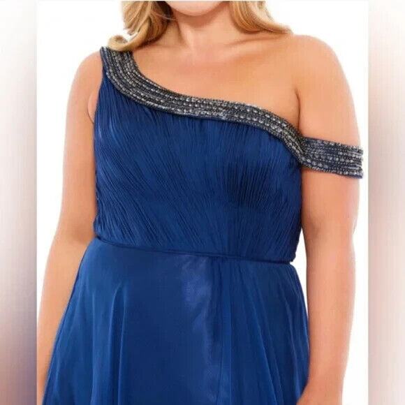 NWT Mac Duggal Womens Size 14W Plus Beaded Off Shoulder‎ Navy Slit 67727 Dress - Picture 2 of 6